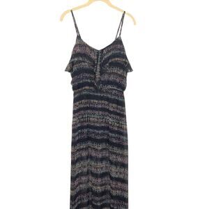 Boho Maxi Dress M Ya Los Angeles Navy Ruffle Teardrop Print Silk Blend Festival